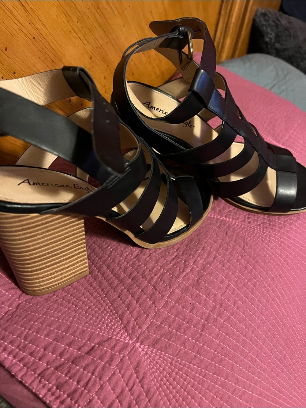 American Eagle Outfitters Black Strappy Block Heels with Wood-Tone Heel